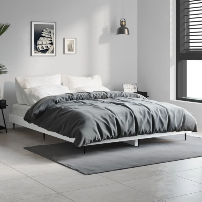 Cadru de pat, alb extralucios, 135x190 cm, lemn prelucrat