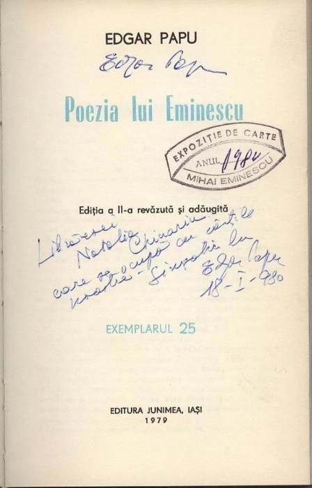 Edgar Papu, Poezia lui Eminescu ex. 25/100, dedicatie si stampila Expozitie