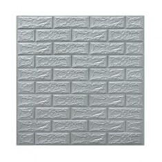 Set 10 placi tapet 3d, flippy, 70 x 77 cm, grosime 3 mm, din polietilena, model caramida, suprafata acoperita 5.3 mp, argintiu