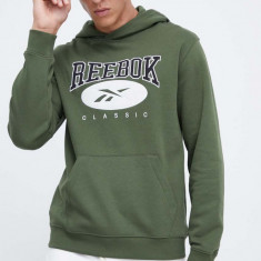 Reebok Classic bluza barbati, culoarea verde, cu glugă, cu imprimeu