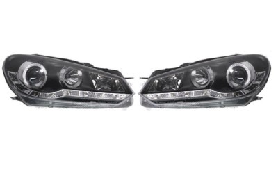 Set faruri VW Golf 6, 10.2013, partea Stanga+Dreapta, Tuning, Fata, cu lumina de parcare LED; tip bec H1+H1; manual; negru, transparent; tuning, foto
