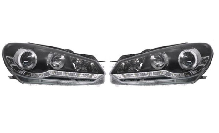 Set faruri VW Golf 6, 10.2013, partea Stanga+Dreapta, Tuning, Fata, cu lumina de parcare LED; tip bec H1+H1; manual; negru, transparent; tuning,