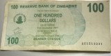 BNKSTR1 (Serie rara 13331) Zimbabwe - 100 Dollars (Cec la purtător / Bearer Cheque), Ediția 1 August 2006