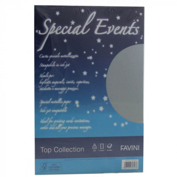 Hartie Cartonata Metalizata A4 FAVINI Special Events, 20 File/Top, 120 g/m&sup2;, Argintie, Coli Carton Special Decoratiuni, Hartii Cartonate Metalizate Ar