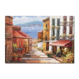 Tablou pictat manual living, dormitor, Peisaj citadin, oaza de liniste, 100x70cm ulei in cutit efect 3D, gata de expus pe perete