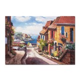 Tablou pictat manual living, Colt de rai, peisaj citadin, 100x70cm ulei pe panza in cutit efect 3D, Valentin Pop