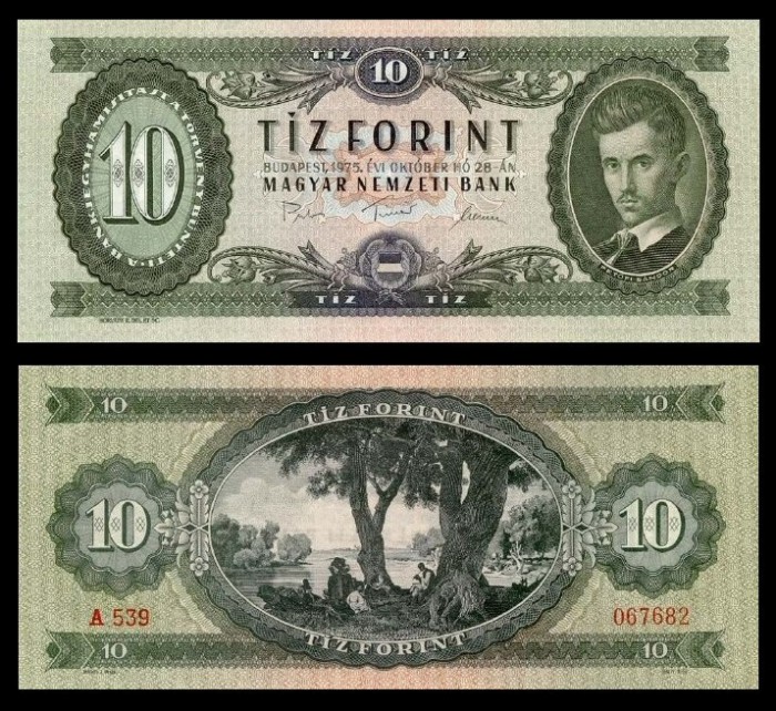 UNGARIA █ bancnota █ 10 Forint █ 1975 █ P-168e █ UNC █ necirculata