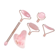 Rose Quartz Roller By Erfello, 4in1 Plus Gua sha, Pentru Masaj Facial si Corporal, Tratament Facial