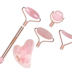 Rose Quartz Roller By Erfello, 4in1 Plus Gua sha, Pentru Masaj Facial si Corporal, Tratament Facial