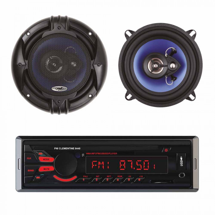 Pachet Radio MP3 player auto PNI Clementine 8440 4x45W USB SD AUX 12V cu Set 2 Difuzoare auto coaxiale PNI HiFi500, 100W, 12.7 cm