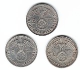 SV * Germania * Lot 3 x 2 MARCI / ZWEI REICHS MARK 1937 - 1938 - 1939 * ARGINT * XF / -AUNC, Europa