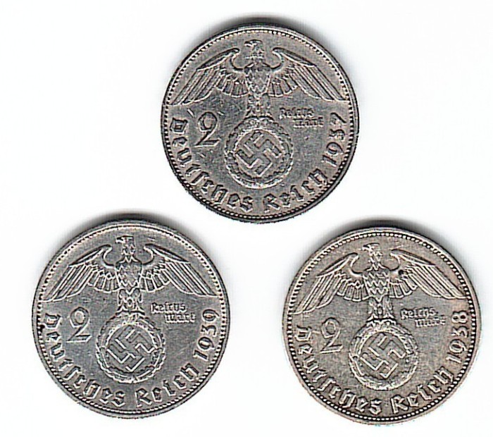 SV * Germania * Lot 3 x 2 MARCI / ZWEI REICHS MARK 1937 - 1938 - 1939 * ARGINT * XF / -AUNC