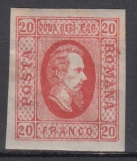 ROMANIA 1865 LP 17 ALEXANDRU IOAN CUZA EFIGIA DOMNITORULUI IN OVAL 20 PARALE ROSU GUMA ORIGINALA POINCON SARNIERA