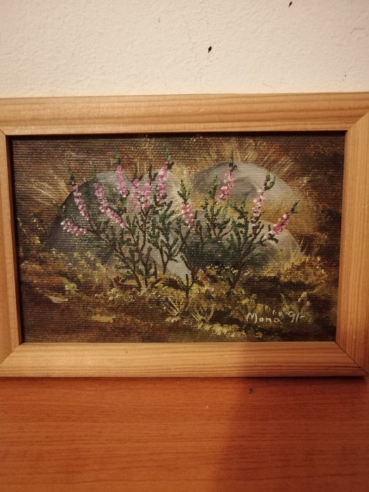 Tablou pictura ulei pe placaj flori roz semnat datat 1991