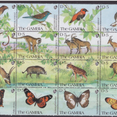 47-GAMBIA 1991-Animale-pasari-animale-fluturi-bloc cu16 timbre nestampilate,MNH