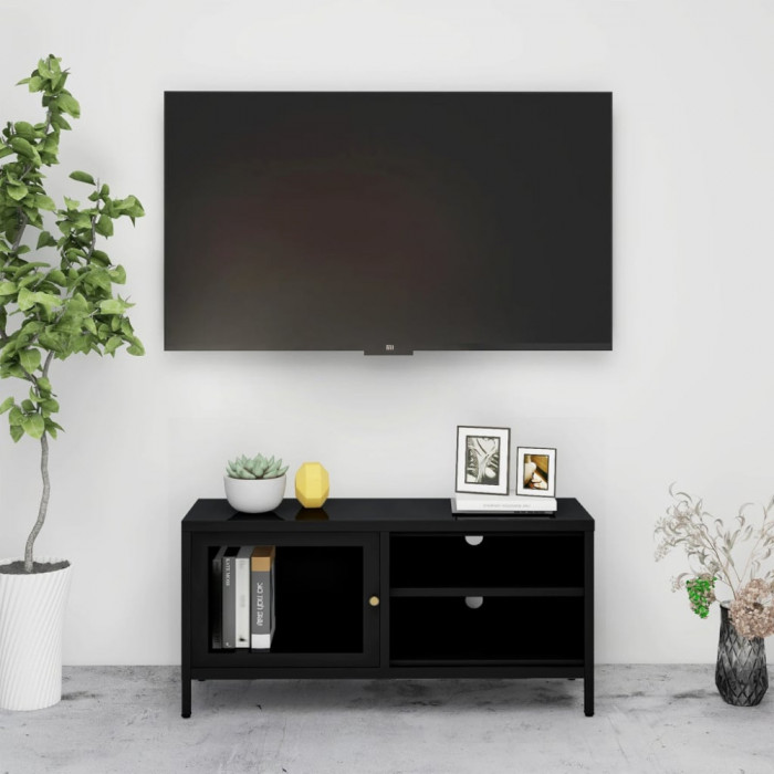 Dulap TV, negru, 90x30x44 cm, otel si sticla