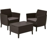 Set mobilier de terasa, maro, imitatie ratan, Keter Salemo, pentru exterior, cu masuta, 2 fotolii, perne impermeabile, material polipropilena, reziste