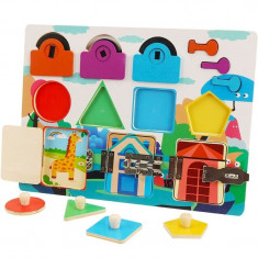Joc educativ, Activitati Montessori cu puzzle forme si joc cu incuietori, 3315256-1
