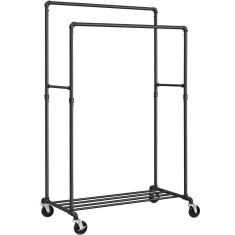SONGMICS Suport pentru haine, cu raft si sine de agatat duble, cadru metalic, cu roti, 59x100x162cm, industrial, negru Household NewTrend foto