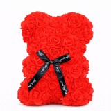 Ursulet din Trandafiri 25cm cu Flori de Spuma, in Cutie Transparenta 30x17cm - rosu