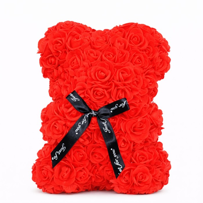 Ursulet din Trandafiri 25cm cu Flori de Spuma, in Cutie Transparenta 30x17cm - rosu