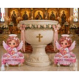 Set 2 &Icirc;ngerași Decor Cristelniță Botez Fetiță &ndash; 45x30 cm cu Suport Detașabil | Decor Roz Premium Biserică