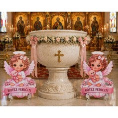Set 2 &Icirc;ngerași Decor Cristelniță Botez Fetiță &ndash; 45x30 cm cu Suport Detașabil | Decor Roz Premium Biserică