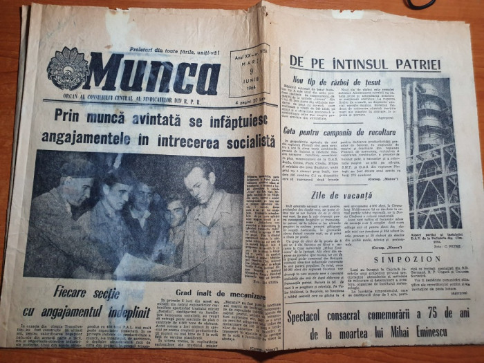ziarul munca 9 iunie 1964 - articol si foto mihai eminescu