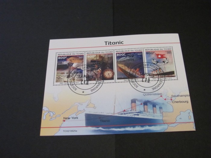 Coliță Filatelică Ciad 2021 - &quot;Titanic&quot;, 4 Timbre Obliterate 800F cu Hartă Traseu