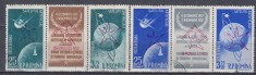 ROMANIA 1958 LP 459 a SATELITI ARTIFICIALI TRIPTIC CU VINIETA SUPRATIPAR BRUXELLES STAMPILAT