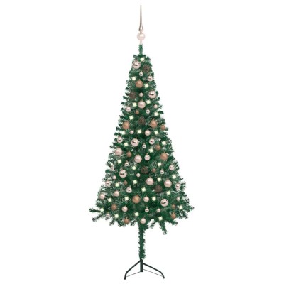 Set pom Crăciun artificial colț LED-uri&amp;amp;globuri verde 150cm PVC foto