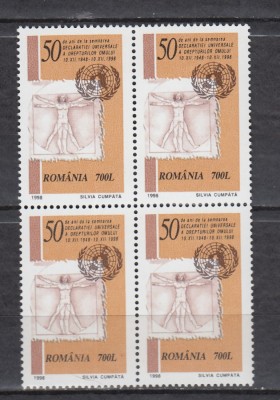 ROMANIA 1998 LP 1469 - 50 ANI DE LA SEMNAREA DECLARATIEI DREPTURILOR OMULUI BLOC 4 TIMBRE MNH foto