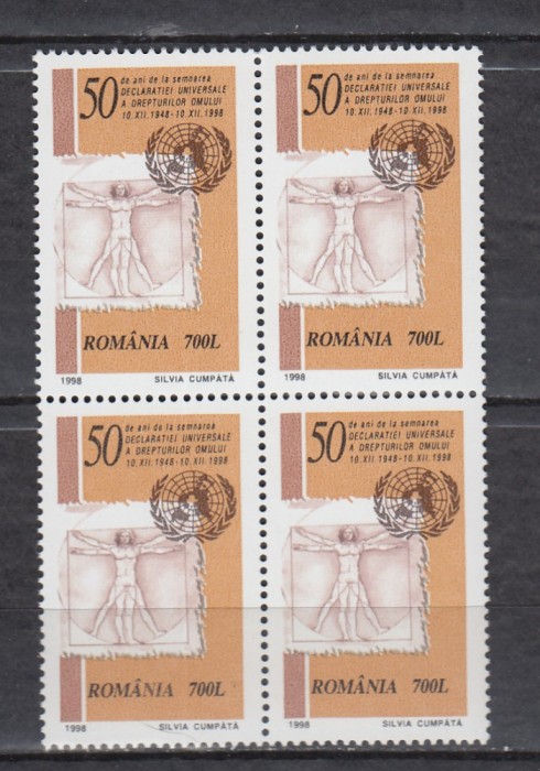 ROMANIA 1998 LP 1469 - 50 ANI DE LA SEMNAREA DECLARATIEI DREPTURILOR OMULUI BLOC 4 TIMBRE MNH