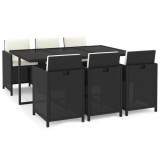 Set mobilier de gradina cu perne, 7 piese, negru, poliratan
