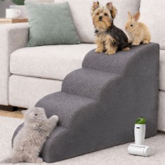 Scara pentru animale de companie, caini sau pisici, Linomag&reg;, 4 trepte cu &icirc;nclinare lină, rola pentru curatat, antiderapanta, husa detasabila, spuma d