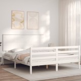 VidaXL Cadru de pat cu tăblie, alb, king size, lemn masiv