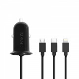 Adaptor 3in1 pentru bricheta auto 12-24V - USB + cablu Lightning Micro USB sau USB Type-C 3.1A negru M`N`C 54920BK, MNC