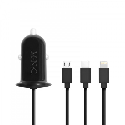 Adaptor 3in1 pentru bricheta auto 12-24V - USB + cablu Lightning Micro USB sau USB Type-C 3.1A negru M`N`C 54920BK foto