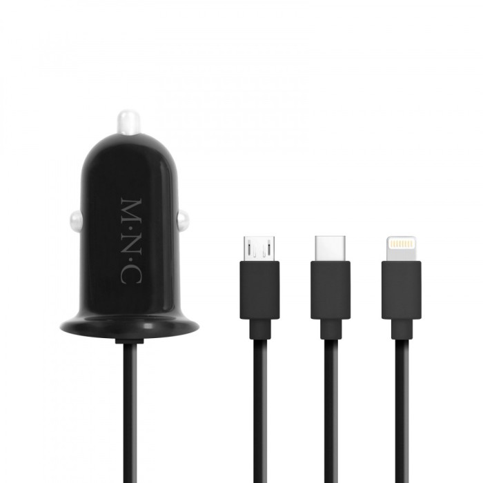 Adaptor 3in1 pentru bricheta auto 12-24V - USB + cablu Lightning Micro USB sau USB Type-C 3.1A negru M`N`C 54920BK