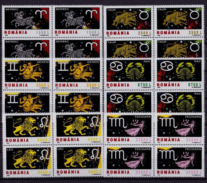RO 2002 LP 1576 &quot;Semnele zodiacului II &quot; bloc de 4 , MNH