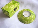Set Cutie Lemn &amp; Suport Lumanare Decorat, Tehnica Servetelului, Flori Galbene/Verzi, 9x5.5x5 cm