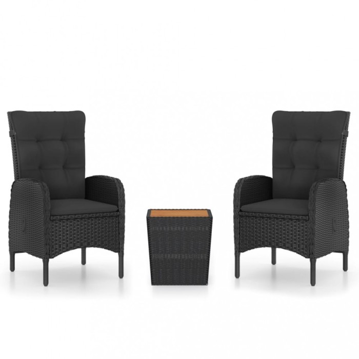 Set mobilier gradina, 3 piese, negru, poliratan si lemn acacia