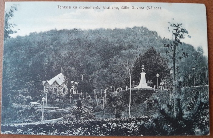 Carte postala, Baile Govora, terasa cu monumentul Bratianu, perioada interbelica