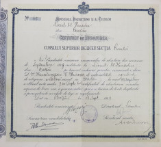 Certificat de absolvire a cursului superior de liceu &amp;#039;Al Hasdeu&amp;#039; din Buzau, 1919 foto