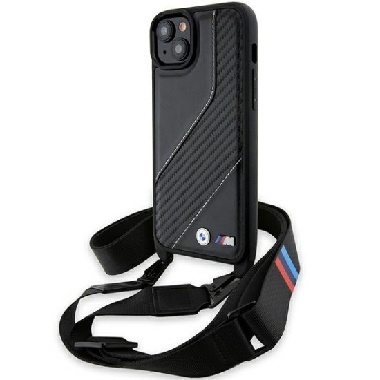 Husa pentru iPhone 15 - BMW Leather M Edition Carbon Stripe &amp; Strap (BMHCP15S23PSCCK) - Black