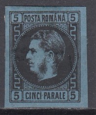ROMANIA1866/1867 LP 19 REGELE CAROL I CU FAVORITI 5 PARALE NEGRU/HARTIE ALBASTRA HARTIE GROASA GUMA ORIGINALA SARNIERA