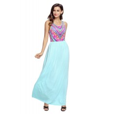 U704-4855 Rochie lunga, stil maxi, fara maneci, cu imprimeu aztec in partea superioara