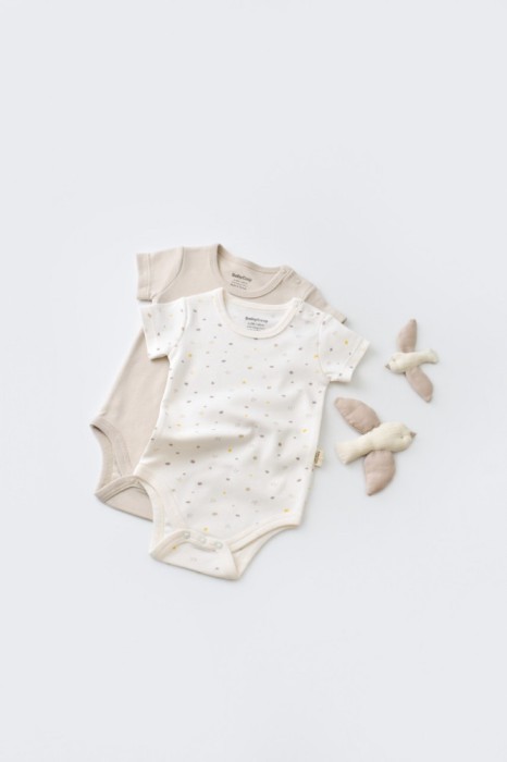 Set 2 body-uri bebe unisex -100% bumbac organic - Ecru cu buline, BabyCosy (Marime: 18-24 Luni)