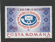 ROMANIA 1996 LP1415 5 ANI DE LA INFIINTARE R.A.POSTA ROMANA SUPRATIPAR MNH NEST foto