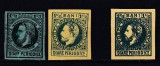 ROMANIA 1870 DOMNITORUL CAROL I PRIMA EMISIUNE DE BENZI PENTRU ZIARE VALOAREA+A II-a EMISIUNE VAL. NEGRU PE HARTIE VERDE/ALBASTRUIE POINCON L.PASCANU, Nestampilat